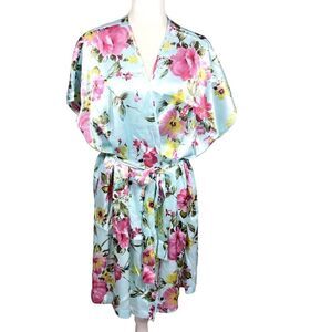 LA‎ Intimates Robe Womens Size 1X Blue Pink Cottagecore Kimono Wrap Silky New